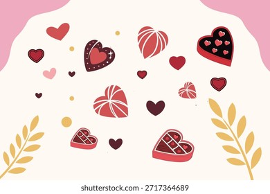 Patrón lindo de los corazones del día de San Valentín con los chocolates, los símbolos románticos del amor y el fondo pastel suave