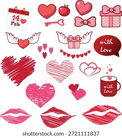Conjunto de ilustración lindo del día de San Valentín con corazones, cajas de regalo, alas, fecha de calendario, labios, taza de café y símbolos de amor. Elementos románticos de estilo plano y dibujado a mano