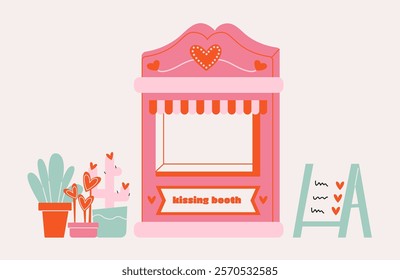 Cute Valentine’s Day Kissing Booth Illustration with Heart Decorations and Plants. Valentine’s Day themes, love-related designs, or festive romantic projects.