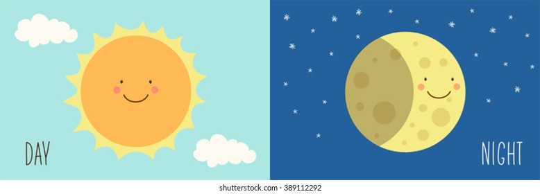 Cute Day and Night with funny smiling cartoon characters of Sun and Moon