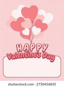 Cute Valentine’s Day Postcard Template with Three Kawaii Cats, Postage Stamps, and "I Love Meow" Text on Pink Grid Background.