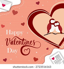 Afiche lindo del día de San Valentín con una pareja de búhos cariñosos dentro de un marco de corazón. El suave fondo pastel, la tipografía romántica y los Elementos juguetones lo hacen perfecto para tarjetas de felicitación, Anuncios y diseños de redes sociales.