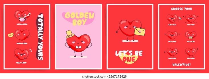 Cute Valentine’s Day posters. Love Backgrounds featuring playful red cartoon hearts, cheerful typography, and fun text for romantic celebrations and festive promotions.