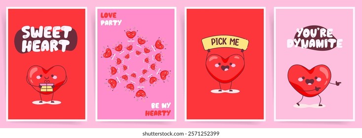 Cute Valentine’s Day posters with red cartoon hearts, playful typography, and cheerful slogans for romantic celebrations and festive promotions.