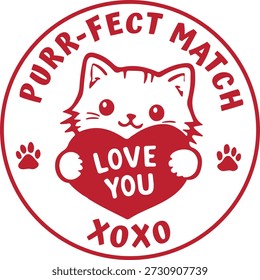 A cute Valentine’s Day round stamp featuring an adorable kitten holding a heartfor stickers, cards, gift wrapping, pet-themed Valentine designs, stationery, labels, and romantic packaging.