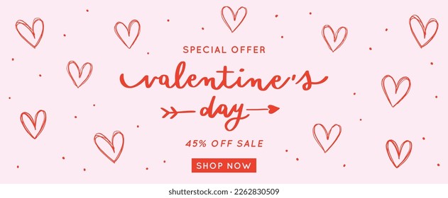 Cute Valentine’s Day Sales Banner With Hand Drawn Pattern With Hearts And Little Irregular Dots On The Pink Background And Handwritten Calligraphy.