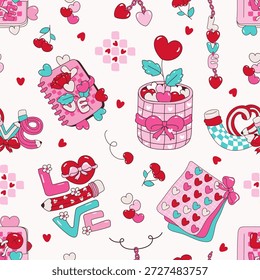 Cute Valentine’s Day seamless pattern featuring books, notebooks, pencils, hearts, and school stationery elements. Romantic education-themed illustration perfect for backgrounds, wrapping paper, stationery, prints, and digital designs.