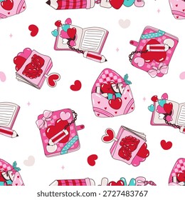 Cute Valentine’s Day seamless pattern featuring books, notebooks, pencils, hearts, and school stationery elements. Romantic education-themed illustration perfect for backgrounds, wrapping paper, stationery, prints, and digital designs.