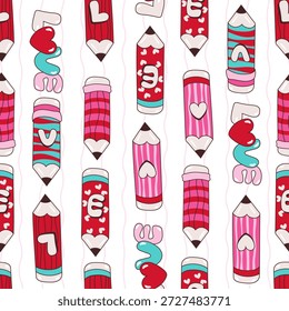 Cute Valentine’s Day seamless pattern featuring books, notebooks, pencils, hearts, and school stationery elements. Romantic education-themed illustration perfect for backgrounds, wrapping paper, stationery, prints, and digital designs.