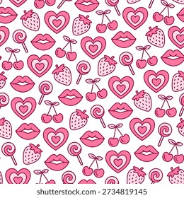 Cute Valentine’s Day Seamless Pattern with Hearts, Lips, Strawberries and Candy, Pink Romantic Love Icons Background for Wrapping Paper, Textile, Fabric and Wallpaper Design.