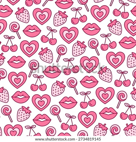 Cute Valentine’s Day Seamless Pattern with Hearts, Lips, Strawberries and Candy, Pink Romantic Love Icons Background for Wrapping Paper, Textile, Fabric and Wallpaper Design.