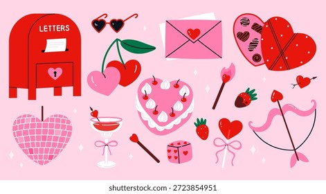 Cute Valentine’s Day set with romantic love elements. Includes heart-shaped cake, cherries, love letter envelope. Perfect for Valentine’s Day designs, planners, cards, stickers. Flat vector illustration. Isolated on pink background