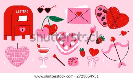 Cute Valentine’s Day set with romantic love elements. Includes heart-shaped cake, cherries, love letter envelope. Perfect for Valentine’s Day designs, planners, cards, stickers. Flat vector illustration. Isolated on pink background