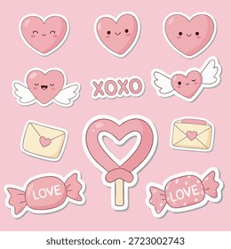 Un lindo conjunto de pegatinas del Día de San Valentín con adorables personajes del corazón, dulces de amor, sobres, alas y Elementos "XOXO" en una paleta de colores rosa suave. Perfecto para tarjetas de felicitación, diseños románticos, pegatinas, planificadores, redes sociales, diseños infantiles, ilustraciones con temas de amor y materiales de marketing de San Valentín. Kawaii y estilo de ilustración plana juguetona.