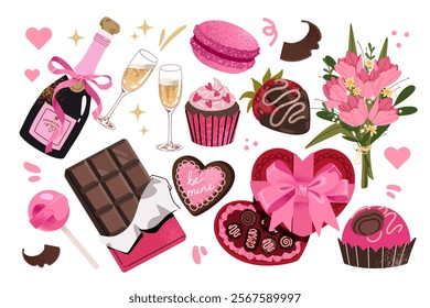 Cute Valentine’s day sweets set. Chocolate, cupcakes, candies, macaroons, champagne, flowers. Vector collection for planner, love letter, wedding, decoration, greeting card.