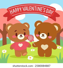 Cute Valentine’s Day Teddy Bears Holding a Lollipop in a Romantic Park. Happy Valentine’s Day Illustration with Two Loving Teddy Bears.