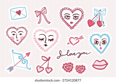 Cute Valentine’s Day vector sticker set with hearts, kisses, bow and arrow, and love letter elements in soft blue and pink colors.