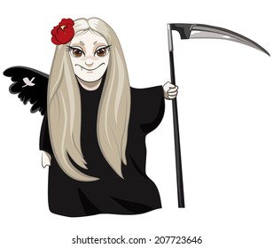 Cute death cartoon character with flower in hair holding scythe