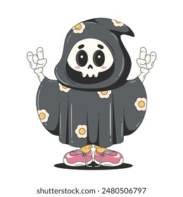 Cute Death cartoon character. Halloween illustration in trendy retro groovy style