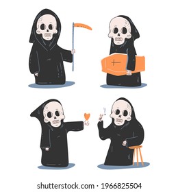 Cute death characters vector cartoon set isolated on a white background.