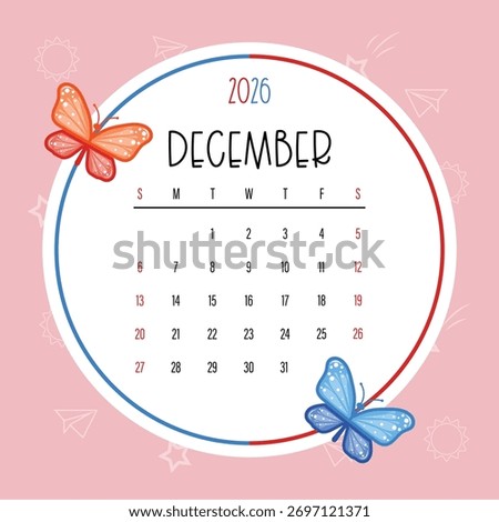 Cute December 2026 Calendar Template with Butterflies for Kids