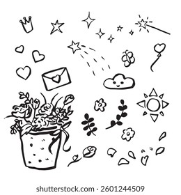 Cute decor, doodle icons. Twigs, butterflies, stars, flowers, flower basket, hearts. Vector illustration.