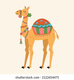 Cute decorated camel character design.  Childish print for cards, stickers, apparel and nursery decoration