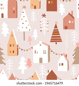 Cute Decorated Christmas Tree Forest House Party Garland Vector Seamless Pattern. Whimsy Holly Xmas Abstract Modern Hygge Festive Background. Seasonal Winter Holidays Geometric Graphic Design