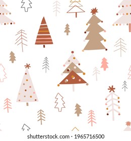 Cute decorated Christmas tree forest vector seamless pattern. Whimsy boho Xmas party abstract modern pine tree hygge festive background. Seasonal winter holidays geometric graphic design