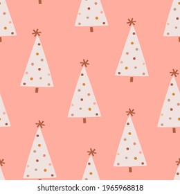 Cute decorated Christmas tree forest vector seamless pattern. Whimsy boho Xmas party abstract modern pine tree hygge festive background. Seasonal winter holidays geometric graphic design