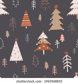 Cute decorated Christmas tree forest vector seamless pattern. Whimsy boho Xmas party abstract modern pine tree hygge festive background. Seasonal winter holidays geometric graphic design