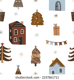 Cute decorated Christmas tree forest house party garland vector seamless pattern. Whimsy holly Xmas abstract modern hygge festive background. Seasonal winter holidays geometric graphic design