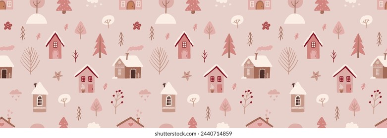 Guirnalda decorada linda del árbol de Navidad del bosque de la casa de fiesta vector patrón sin fisuras. Caprichosa acebo Navidad abstracto moderno hygge fondo festivo. Diseño gráfico geométrico de vacaciones de invierno de temporada