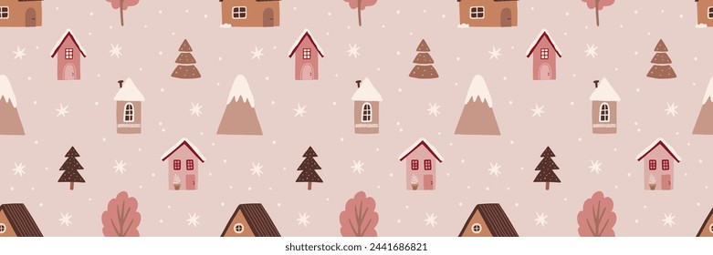 Cute decorated Christmas tree forest house party garland vector seamless pattern. Whimsy holly Xmas abstract modern hygge festive background. Seasonal winter holidays geometric graphic design