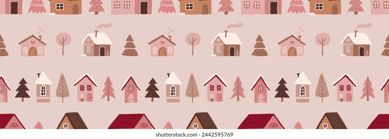 Cute decorated Christmas tree forest house party garland vector seamless pattern. Whimsy holly Xmas abstract modern hygge festive background. Seasonal winter holidays geometric graphic design