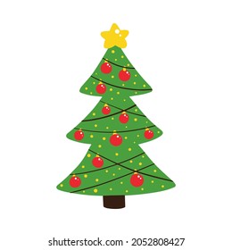 Cute decorated christmas tree with garlands, christmas balls and star vector cartoon style icon, illustration.