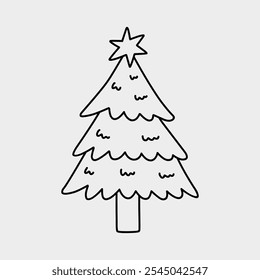 Cute decorated Christmas tree isolated on a white background. Vector hand-drawn illustration in doodle style. Perfect for holiday designs, cards, decorations, logo. 