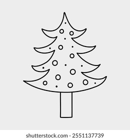 Cute decorated Christmas tree isolated on a white background. Vector hand-drawn illustration in doodle style. Perfect for holiday designs, cards, decorations, logo. 