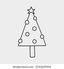 Cute decorated Christmas tree isolated on a white background. Vector hand-drawn illustration in doodle style. Perfect for holiday designs, cards, decorations, logo. 