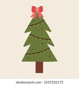 Cute decorated Christmas tree isolated on a white background. Vector hand-drawn flat illustration. Perfect for holiday designs, cards, decorations, logo. 