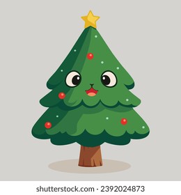 Cute decorated Christmas tree smiling. Flat style vector illustration. 