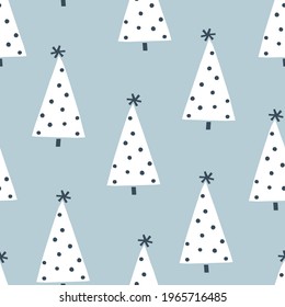 Cute decorated Christmas tree winter forest vector seamless pattern. Whimsy Xmas party abstract modern pine tree hygge festive background. Seasonal winter holidays geometric graphic design