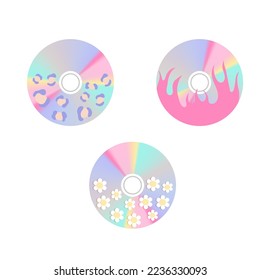 Cute decorated compact disks.Vector illustration of y2k, 2000s, 1990s, 1980s graphic design. Comic element for sticker, poster, graphic tee print, bullet journal cover, card. Bright colors