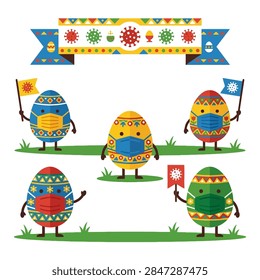 Cute decorated Easter eggs wearing protective face masks during pandemic