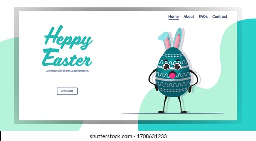 cute decorated egg character with rabbit ears happy easter spring holiday concept greeting card lettering horizontal copy space vector illustration