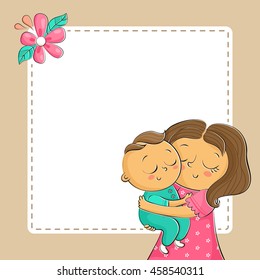 Cute decorated vector Mother's Day greeting card background with lovely illustration of mother holding child and blank space for text