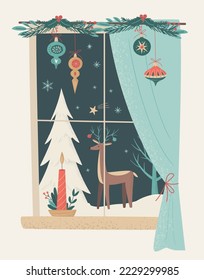 Cute Decorated Window in vintage style with night landscape, reindeer and pine tree. Merry Christmas concept. Retro vector illustration.