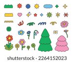 Cute decoration elements. Trees, flowers and shapes. outline simple vector illustration.