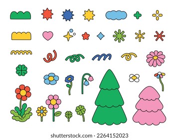 Cute decoration elements. Trees, flowers and shapes. outline simple vector illustration. - Shutterstock ID 2264152023