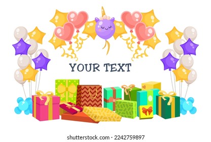 Decoraciones personalizadas para la fiesta alrededor de la ilustración del vector de texto. Dibujos de dibujos animados de globos, regalos o cajas de regalo aislados en fondo blanco. Celebración, decoración, concepto de cumpleaños